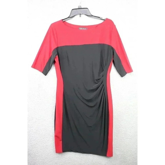 Lauren Ralph Lauren Red & Black Dress-Side Ruched-Size 16-Lined - Picture 1 of 9